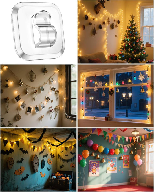 ispneay 50 Mini Light Hooks with Adhesive Strips: Indoor Clear Small String Light Clips Damage Free - Plastic Wall Hook