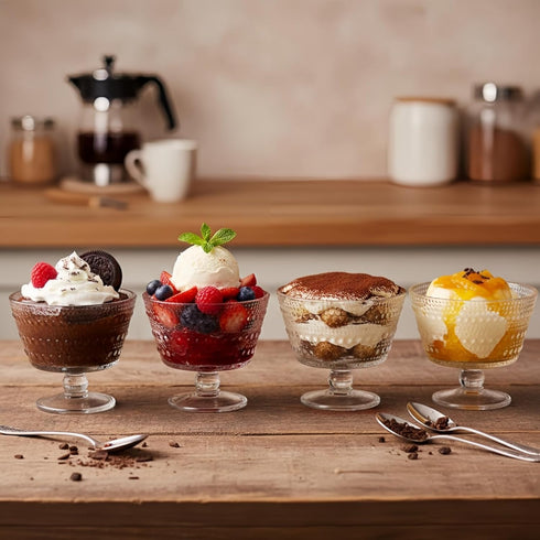 6 Pack Set, 9 oz ZOOFOX Glass Ice Cream Bowl Footed Fruit Parfait Cups, Embossed Design Glass Dessert Bowls for Sundae