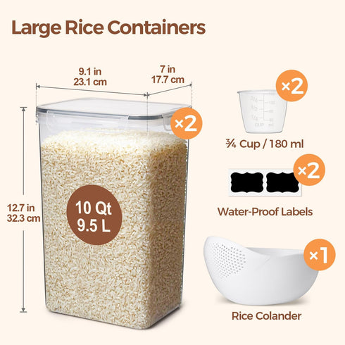 Set 2(9.5L/10Qt), Sets ComSaf Rice Container of Large Airtight Food Storage Containers with Lid and Rice Washer