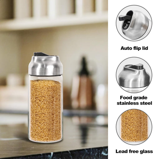 Sets, 14 OZ 2 Pack Large Sugar Dispenser Shaker Glass Sugar Container with Pour Spout for Coffee, Tea, Milk