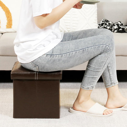 B FSOBEIIALEO Folding Storage Ottoman - Faux Leather Footrest Seat Coffee Table Toy Chest for Kids, Brown