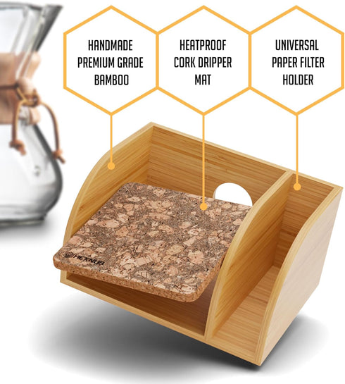 HEXNUB Caddy for Pour Over Coffee Maker, Bamboo Stand for Chemex, Bodum, Cosori Carafes, Heatproof Mat