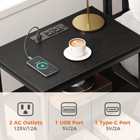 3-Tier DUMOS Bedside Table with Charging Station and Adjustable Fabric Drawer Compact Nightstand Storage Organizer End