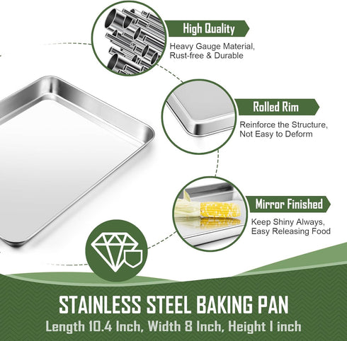 10.4 Inch Baking Pan with Rack set, Joyfair Stainless Steel Rectangular Toaster Oven Cookie Pan with Cooling Rack, Professional Bakeware, Extra Thick & Rolled Rim, Dishwasher Safe by Joyfair