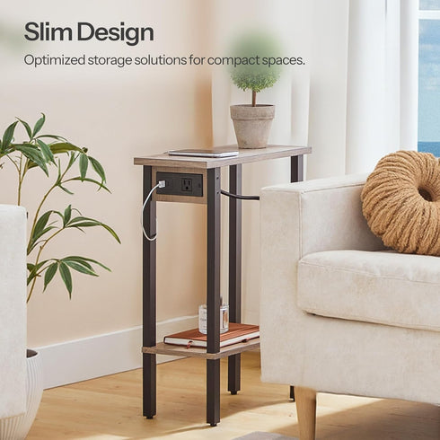 2-Tier BG240UBZ01 HOOBRO Narrow Side Table, Slim End Table with Charging Station, Skinny Nightstand with Open Storage