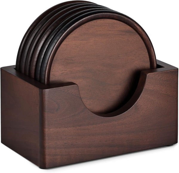 Wood Coasters with Holder, GOH DODD Set of 6 Walnut Wooden Coaster