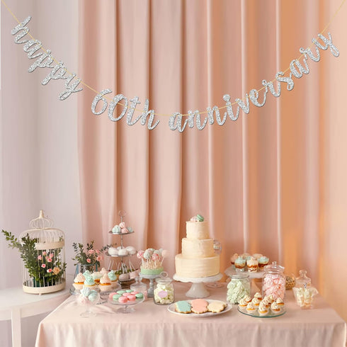 Glitter Silver Happy 60th Anniversary Banner - Sixty Sign for Birthday and Wedding Party Bunting Decoration