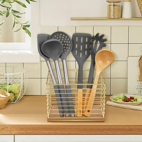 Metal Utensil Holder Rack for Kitchen Counter, Cooking Tools Storage Organizer with Sturdy Base and Drainage Hole (Gold