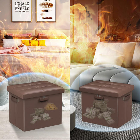 17x13x13in, DocSafe Storage Ottoman Foot Rest Stool with Lock Handle, Fireproof Folding Leather Footstool Bench