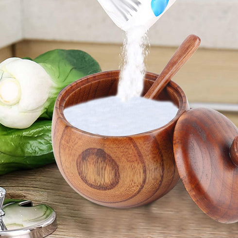 Hapivida Wooden Salt Box Spice Jar, Salt Cellar with Lid and Spoon, Seasoning Container Holder for Kitchen Serving