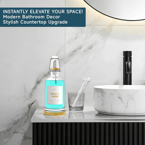 BTIFU Countertop 14oz/410ml Glass Mouthwash Dispenser for Bathroom Refillable Mouthwash Bottle with Stainless Steel