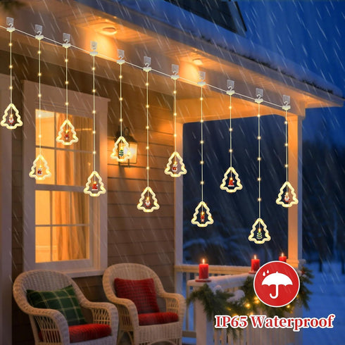 Remote,8 IP65 10 Christmas Tree Curtain Lights, Christmas Window Lights Decor with Lighting Modes, Waterproof, Hooks