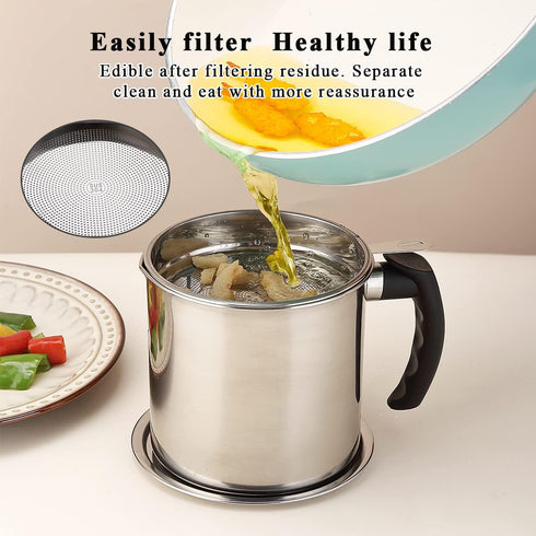 48 oz 1. Kyraton Bacon Grease Container With Strainer, Stainless Steel Oil Container, Pot Fat Storage With Lid, Easy