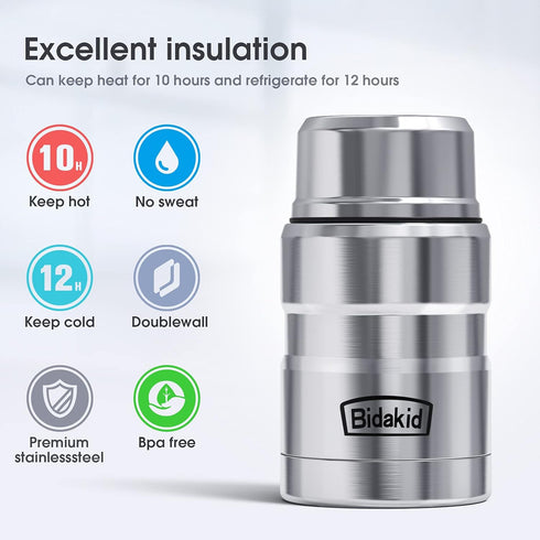 Bidakid Set 25.4oz 17oz 12 Insulated Food Jar & Stainless Steel Containers with Folding Spoon and Carrying Bags