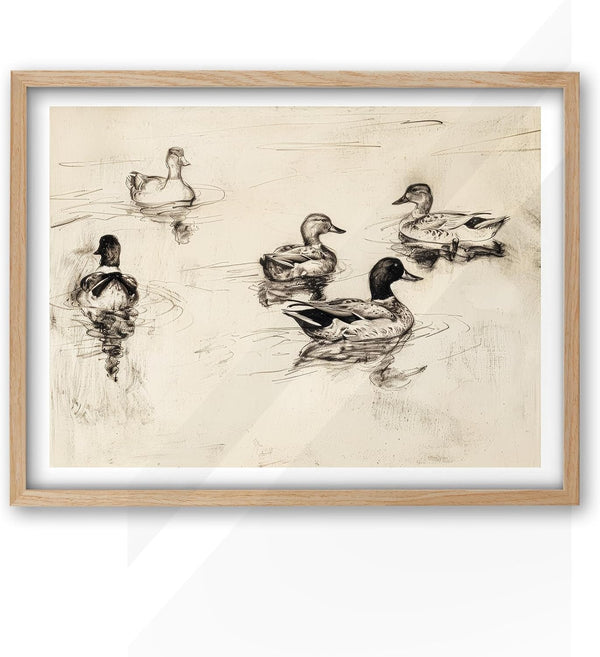 iHery Natural OAK Wood Cute Framed Wall Art, 12x16in Vintage Ducks Sketch