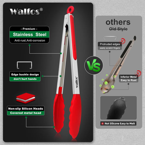 Walfos Silicone Tongs for Cooking, Heat Resistant Kitchen Tongs for Salad, Grilling, Stainless Steel and BPA Free