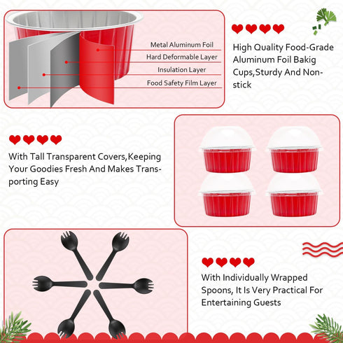 LNYZQUS 5oz Cupcake Pans, 100 Pack Aluminum Foil Mini Cake Baking Cups with Dome Lids for Christmas - Red