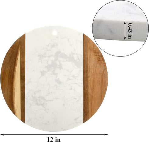 Okllen 12" Marble Cheese Board and Acacia Wood Serving Board, Handcrafted Round Marble Tray Cutting Board for Cheese, Charcuterie, Meat, Fruit