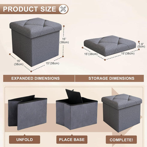 ZEUKMXOO 15'' W Storage Ottoman Bench, Folding Storage Bench Ottoman, for Bedroom, Living Room, and Utility Room, Grey