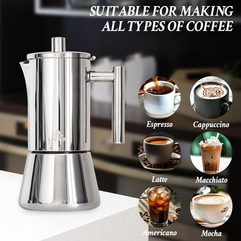 6Cup 10 oz LAOION Stovetop Espresso Maker, Moka Pot, Stainless Steel Cuban and Italian Coffee Maker for Cafetera