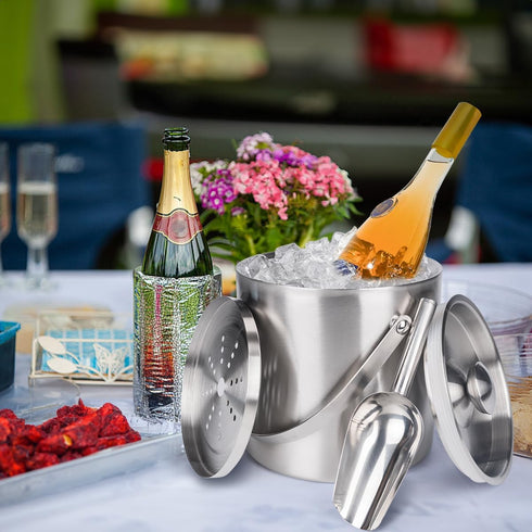 NBNSTHV 3L Double-Wall Insulated Stainless Steel Ice Bucket with scoop for Cocktail Bar - Metal Ice Bucket for freezer