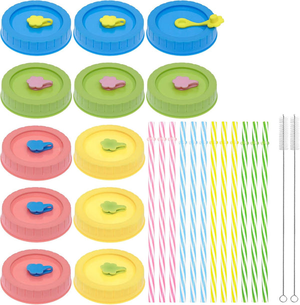 Regular Mouth Mason Jar Lids with Straw Hole, Stoppers, Silicone Rings, Cleaning Brush, 26 Pack