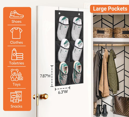 KIMBORA 2 Packs Narrow Over the Door/Wall Shoe Organizer, Small Hanging Rack with Clear Mesh Pocket, Black