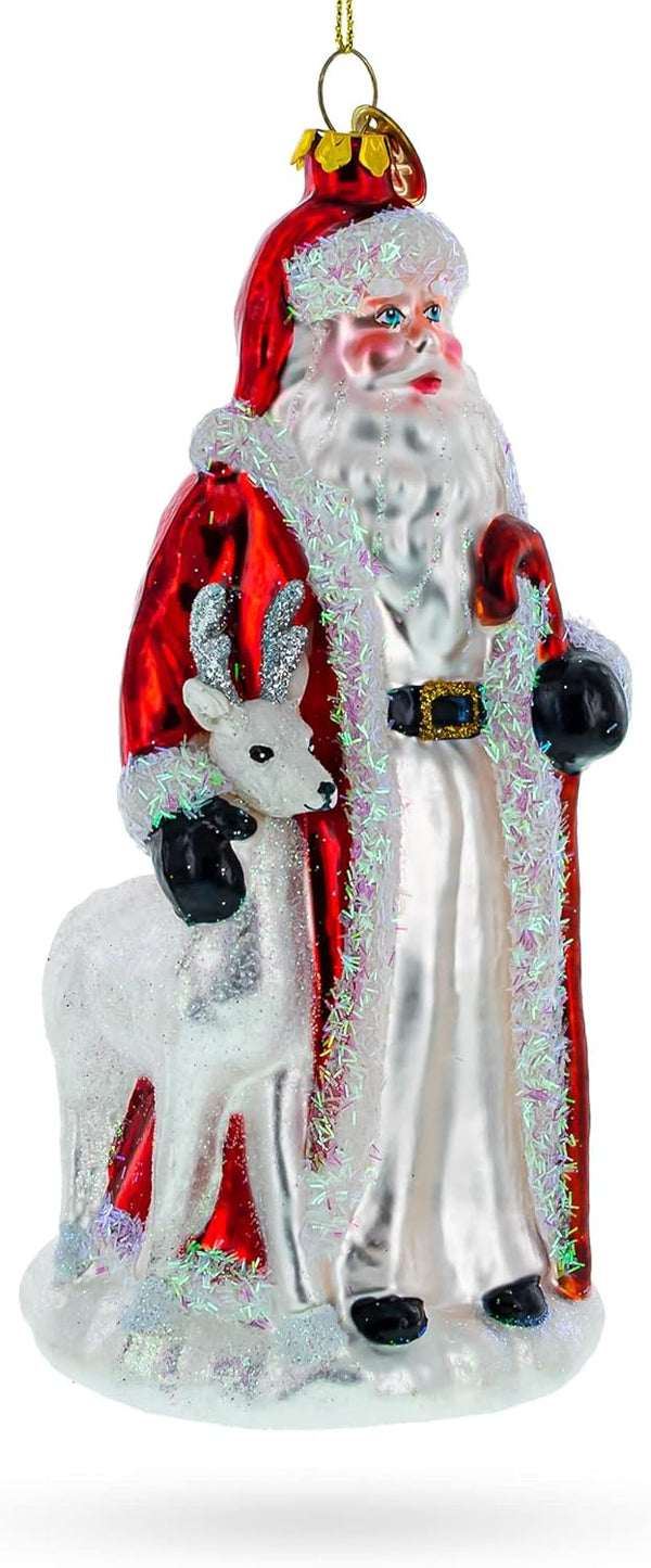 Santa Guided by White Reindeer Glass Christmas Ornament