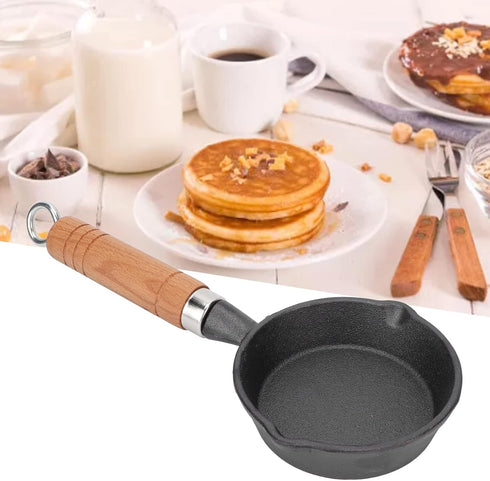 Mini Egg Frying Pan, 3.9in Single Serve Cast Iron Omelet Pan with Wooden Handle for Gas, Electric, Induction