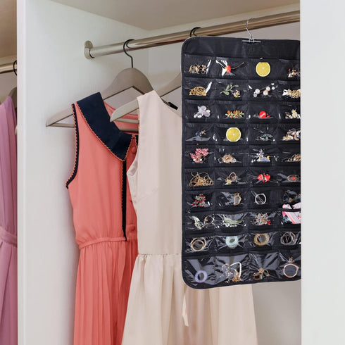 Cemueo Hanging Jewelry Organizer, Double Sided 80 Pocket Jewelry Storage Bag, 2 Layer Fabric Holder for Necklace,