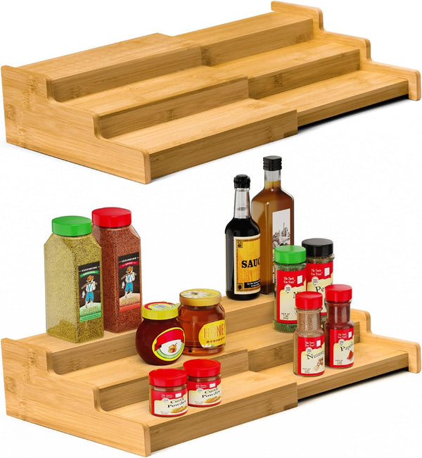 VenDotbi Spice Rack, 3-Tier Expandable Bamboo Spice Rack Organizer for Cabinet, Kitchen,