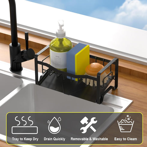 Kitchen Sink Caddy Organizer, Sponge Holder with Stainless Steel Auto Drain Tray for Kitchen Countertop Storage Gadgets
