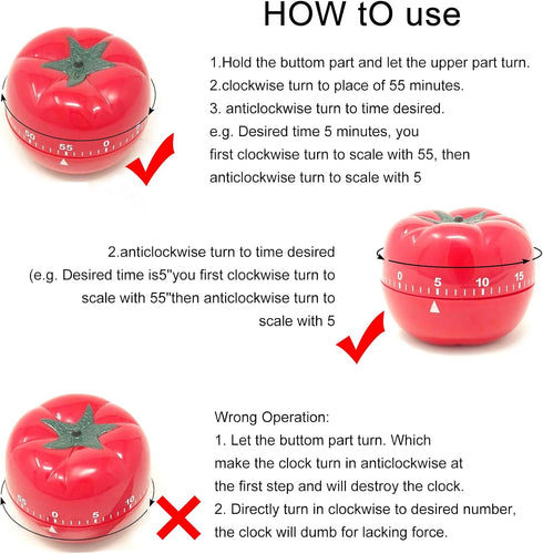 yueton Manual Mechanical Tomato Timer, Ring Alarm Kitchen Timer for Cooking, Study, Gym Countdown Clock Red