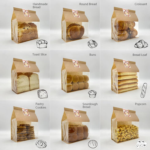 BIUBIU 25ct 8.74.311inch Thicker Large Bread Bags for Homemade with Window, Twist Tie & Sticker Label - Ideal