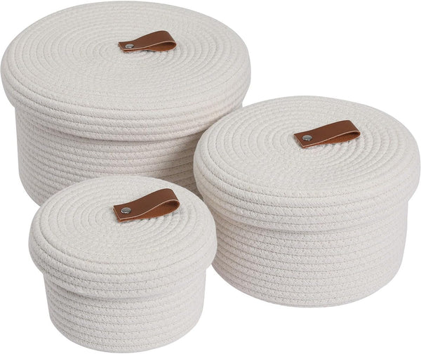 Cottonphant Set of 3 Stylish Round Woven Baskets with Lids - Elegant Storage Solution for Home Decor, Off White