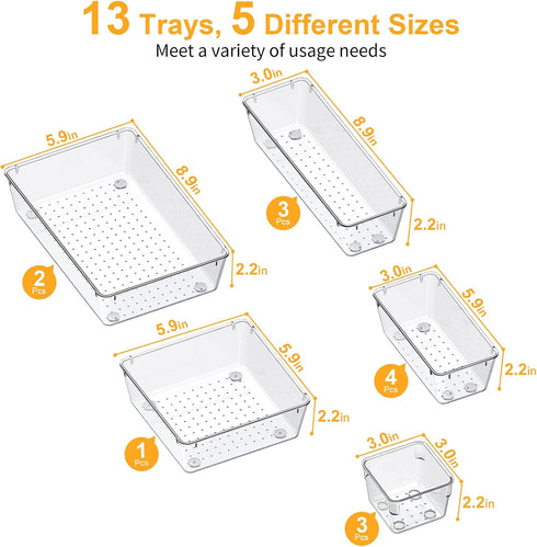 SMARTAKE 13-Piece Drawer Organizers, Non-Slip Silicone Pads for Makeup, Jewelry, Utensils in Clear