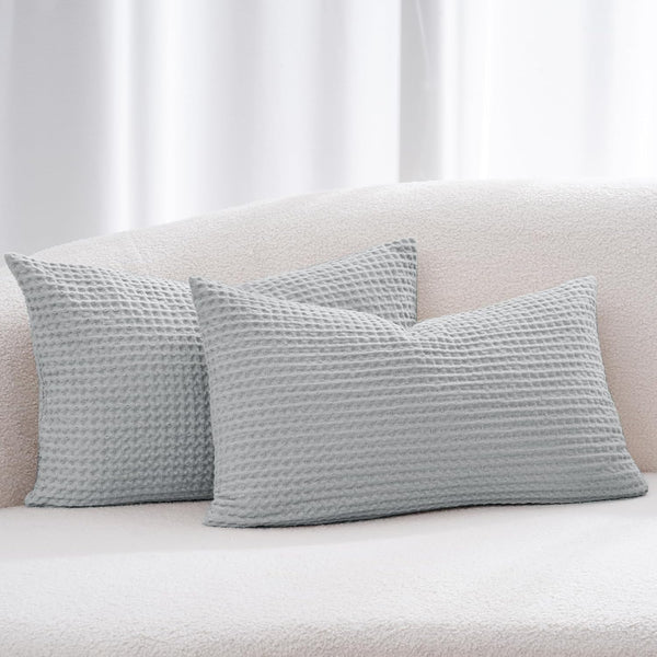 PHF 100% Cotton Waffle Weave Lumbar Pillow Cover, 12" x 20", 2 Pack, Light Grey