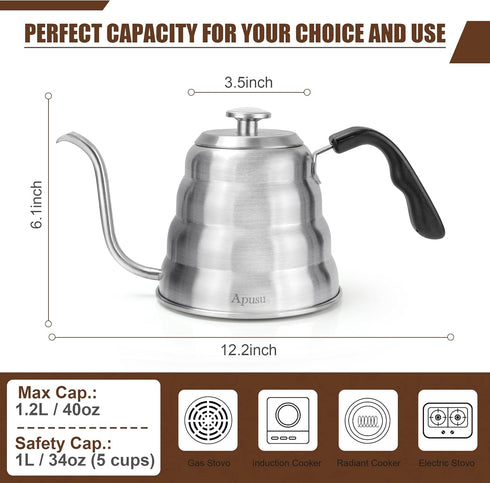 Silver Gooseneck Tea Kettle with Thermometer, 40 oz 1200ml Teapot for Pour Over Coffee, Premium Stainless Steel