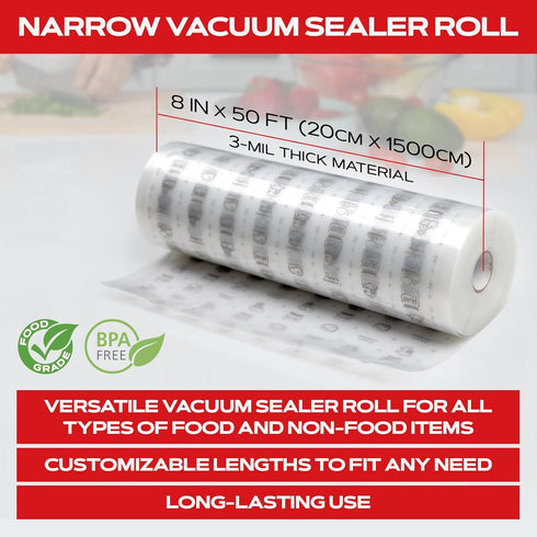 FORJAR Vacuum Sealer Bags Rolls Airtight Food Storage and Method Sous Vide Cooking - Perfect for Food Storage and Cooking - Ideal for Home and Commercial Use (8INx50FT)