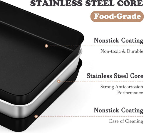 E-far 9 x 13 Inch Baking Pan, Nonstick Stainless Steel Rectangle Cake Pan for Baking Brownies Casseroles Lasagna, Stainless Steel Core & Nonstick Coating, Non-toxic & Oven Safe