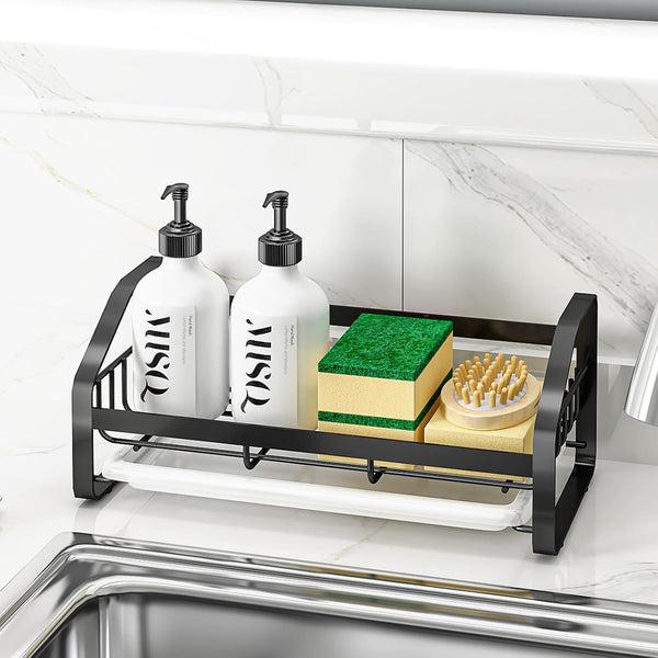 Sink Caddy, Sponge Holder for Kitchen Sink, 304 Stainless Steel Organizer with Removable Drain Tray (Black)
