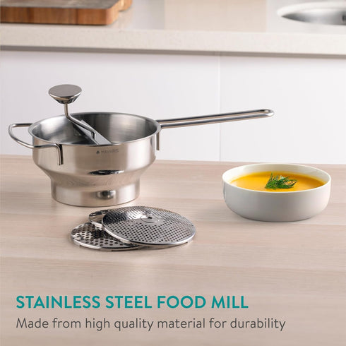 2-Quart 3 Navaris Stainless Steel Food Mill with Grinding Discs - Rotary Food Mill to Grind & Puree Fruits, Vegetables