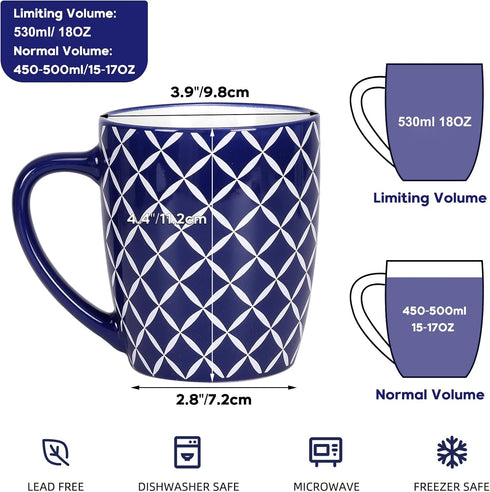 18 OZ Set 6, Schliersee Large Coffee Mugs of Ceramic Mug for Man Woman, Blue White Geometric Floral Porcelain Cup