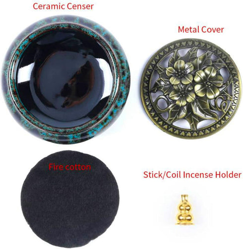 Ceramic Incense Burner with Stick Holder + Insulation for Stick or Coil Incense, Sage Cones, Frankincense (Fambe Blue)