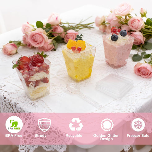 180 Pack 5Oz Gold Glitter Dessert Cups with Lids and Spoons Plastic Square Yogurt Parfait Appetier Cups for Party