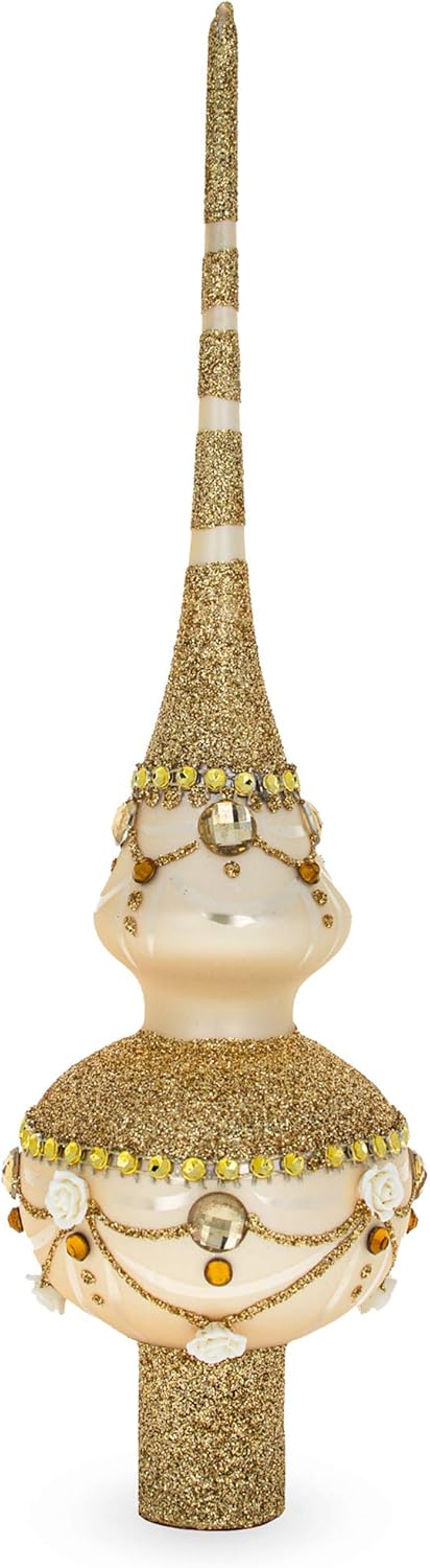 Dimensional Roses on Sparkling Beige Mouth Blown Glass Christmas Tree Topper, 11 Inches