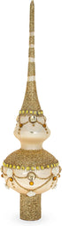 Dimensional Roses on Sparkling Beige Mouth Blown Glass Christmas Tree Topper, 11 Inches