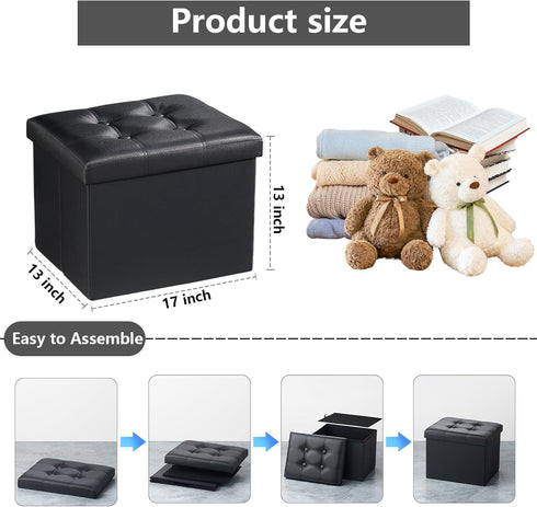 17" 13" 13" AmasSmile Storage Ottoman Folding Foot Rest Stool, Leather Footstool Bench, Short Ottoman Stool, Storage
