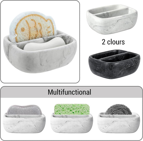Countertop 2 MyGift Modern White Resin Sponge Holder for Kitchen Sink, Dish Sponge Holder with Compartments and Marble