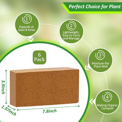6pcs 100% Riare Organic Coco Coir Bricks Soil Blocks- Natural Compressed Coco Peat Brick Coconut Fiber Substrate